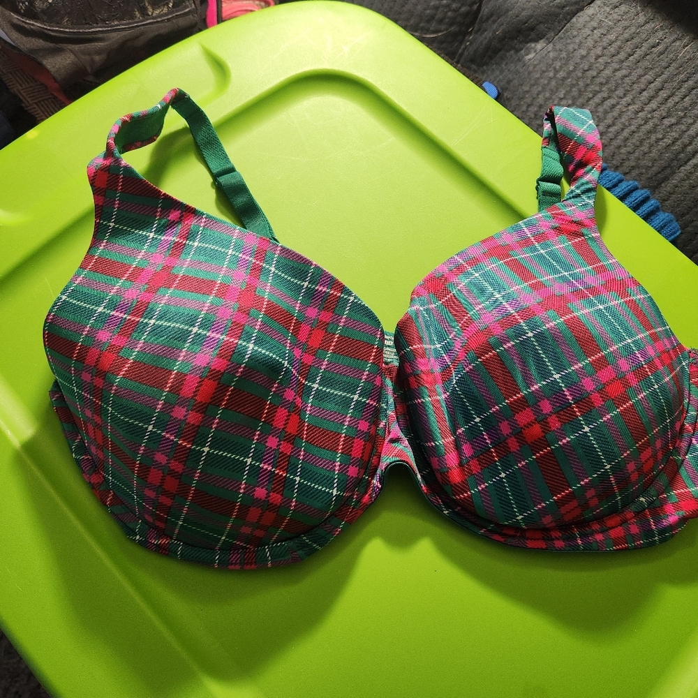Plaid Underwire Bra - Green and Pink
